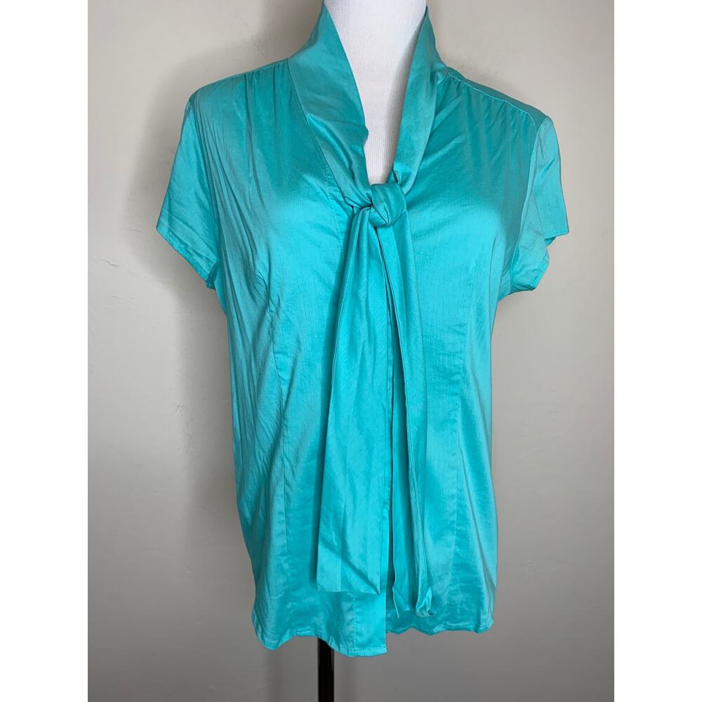 Valerie Stevens Teal Blue Green Tie Neck Blouse Sz Medium